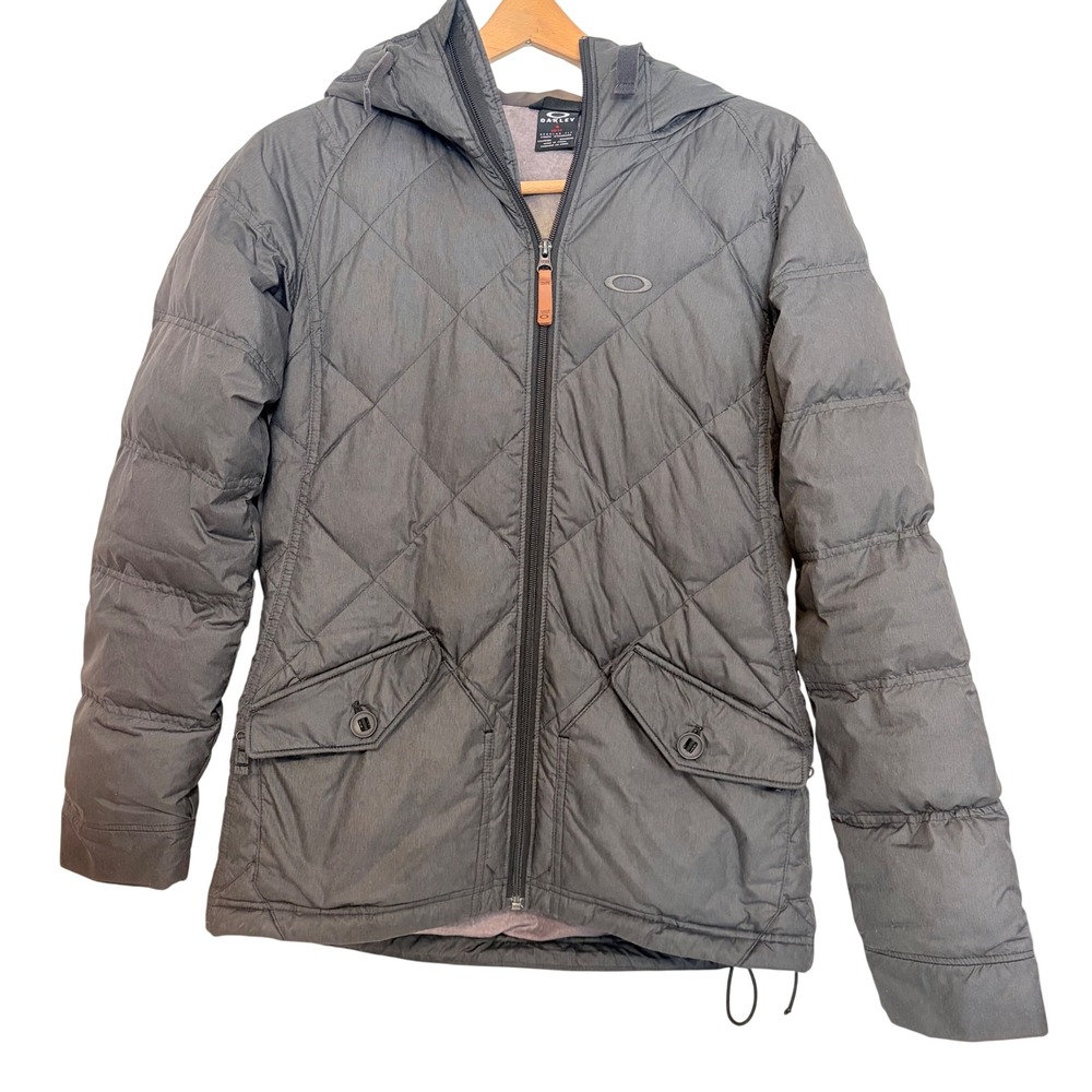 Oakley Womens Gray Diamond Quilted 100% Down Puffer Jacket Hooded XS Regular Fit